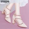 Rivets High Heels Female Thick Heel Summer A Word Buckle Women's Shoes Korean Version Toe Wrapped Sandals
