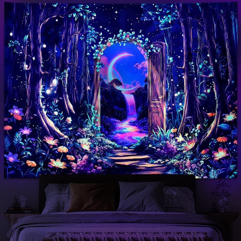 Heynvioo Blacklight Forest Tree Tapestry UV Reactive Moon Tapestry Trippy Galaxy Space Tapestries Fantasy Landscape Tapestries Aesthetic Plant Wall
