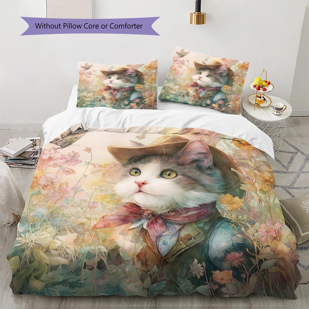 Cat with Vintage Hat Pattern Bedding Quilt Set Home Decoration Gift (1 * duvet cover + 2 * pillowcase, without core)