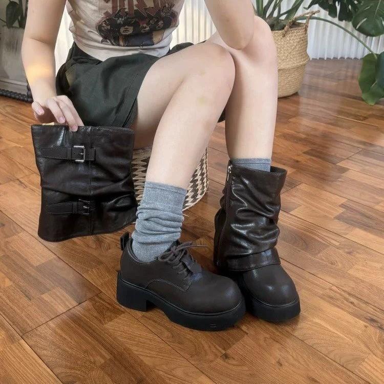 Removable Thick-soled Trouser Boots Two Wear Belt Buckle Short Boots Round Head Retro Stacking Boots Women's Western Boots Medium Boots