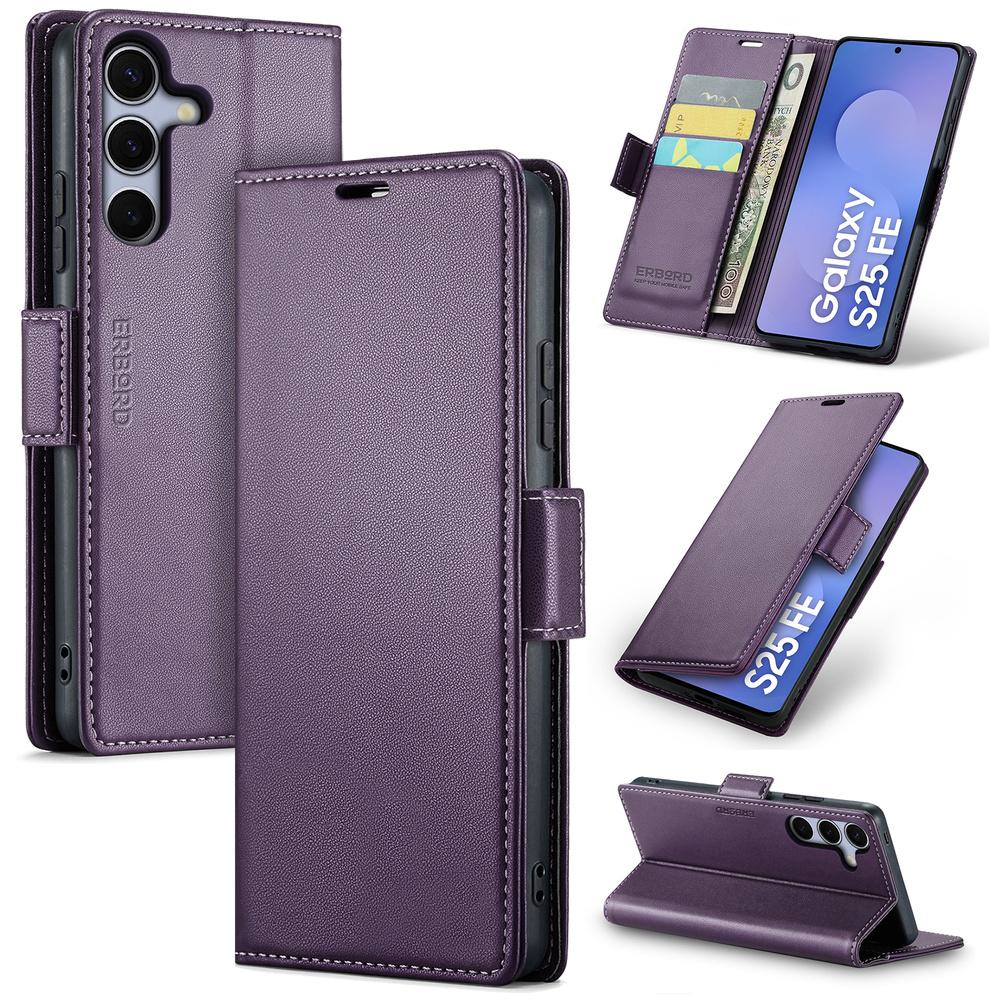 Samsung Galaxy S25 FE Case, ERBORD Glossy Litchi, Wallet Flip, Purple