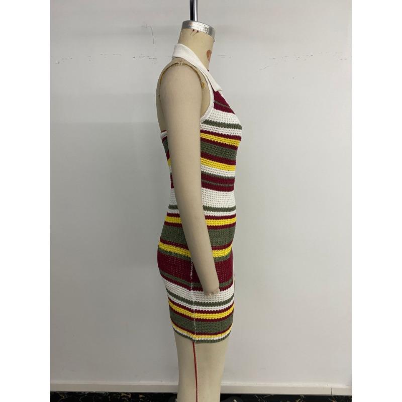 Retro Slim Lapel Halter Neck Striped Dress for Women In Summer