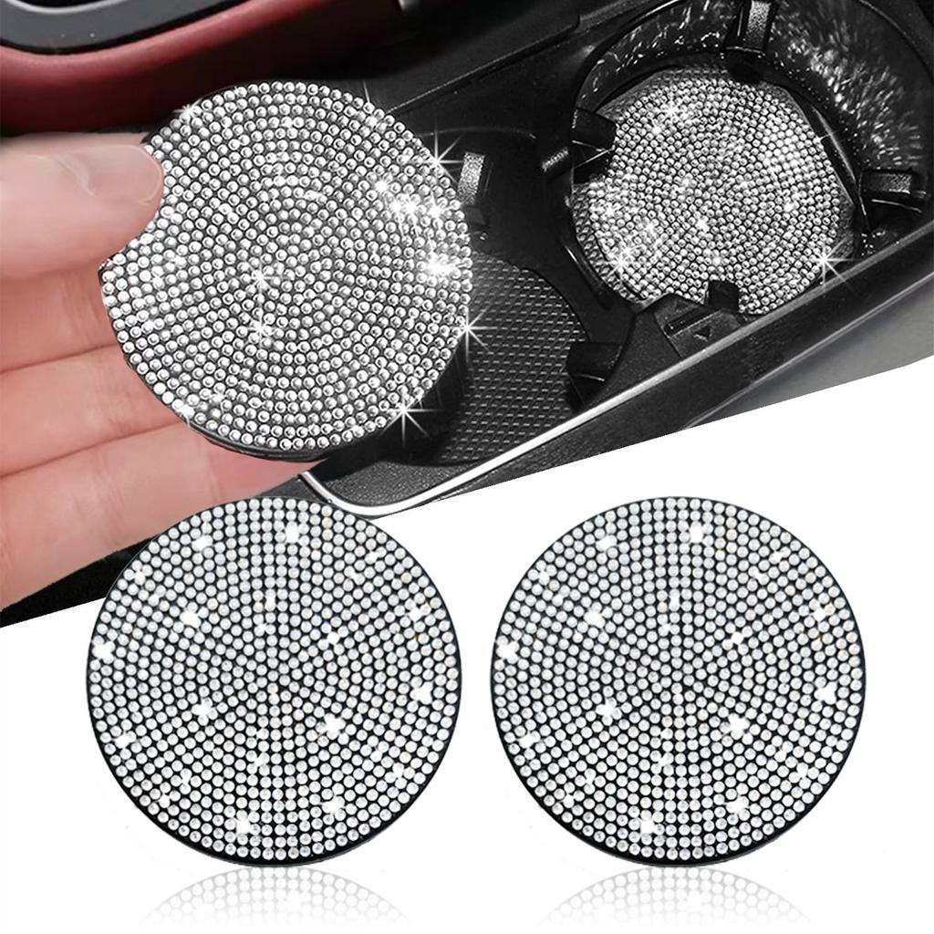 2PCS Diamond Car Coaster Water Cup Slot Non-Slip Mat Silica Gel Pad Cup Holder Mat Car Gadget Bling Car Accessories for Woman