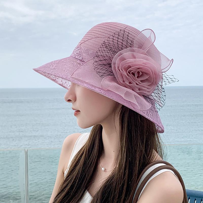 2025 Летняя женская элегантная шляпа из органзы с цветочным узором для бассейна, защита от солнца для путешествий, крутая шляпа рыбака