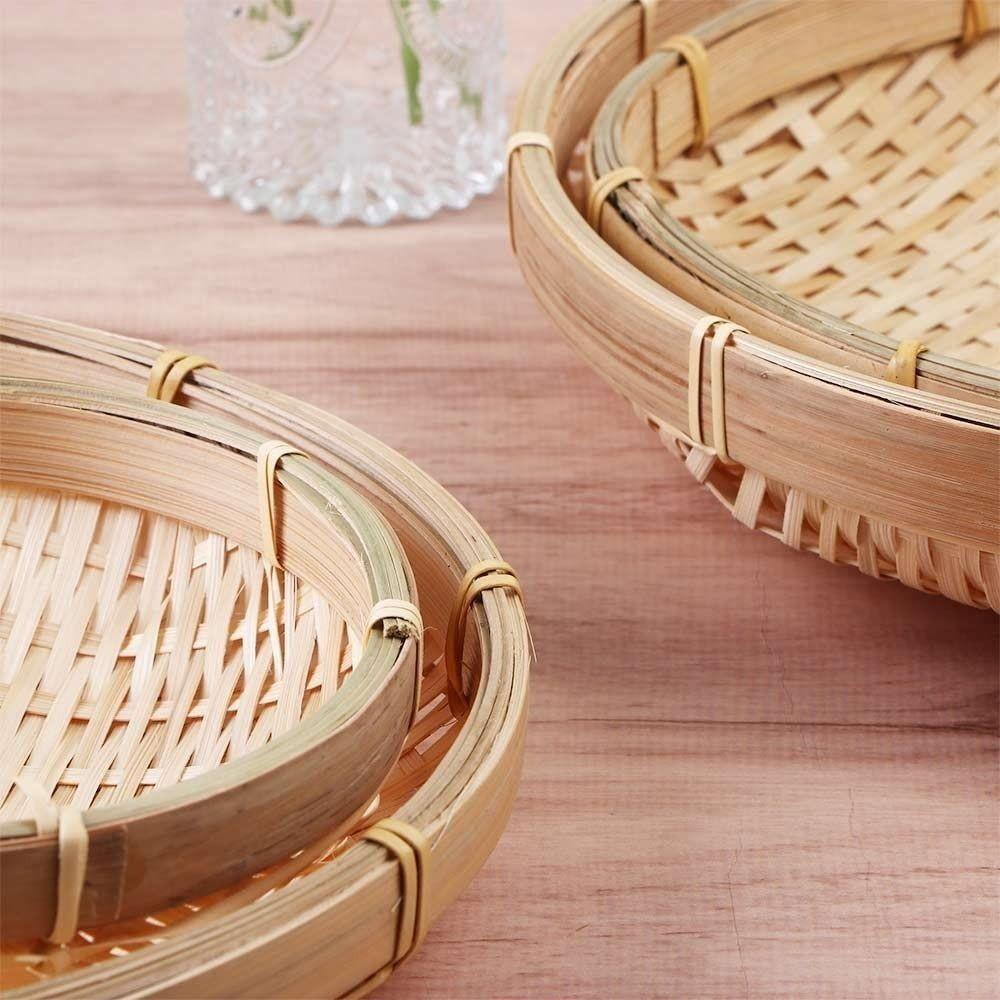 18CM Woven Bamboo Tray Round Household Organizer DIY Handmade Weave Basket  Food Storage