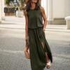 Женское летнее платье с плиссировкой, круглым вырезом, без рукавов, однотонное, свободное, с разрезом, макси-платье, повседневная одежда для свиданий, вечеринок, длинное платье