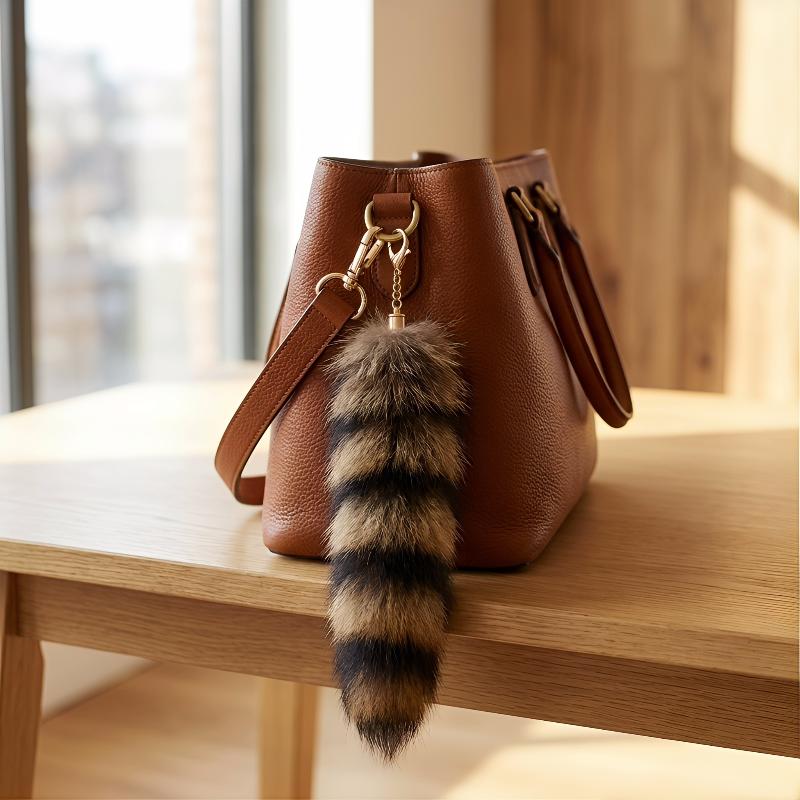Plush Raccoon Tail Keyring Furry Animal Bag Charm 1pc Faux Fur Keychain with Soft Pompom for Purse and Keys