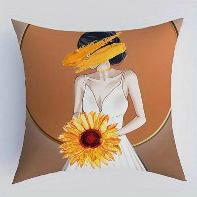 Short Plush Material Pillowcasehome Decor Fashionable Women With Hats And Flowers Cushion Pattern Cushion Cover Suitable For Sof