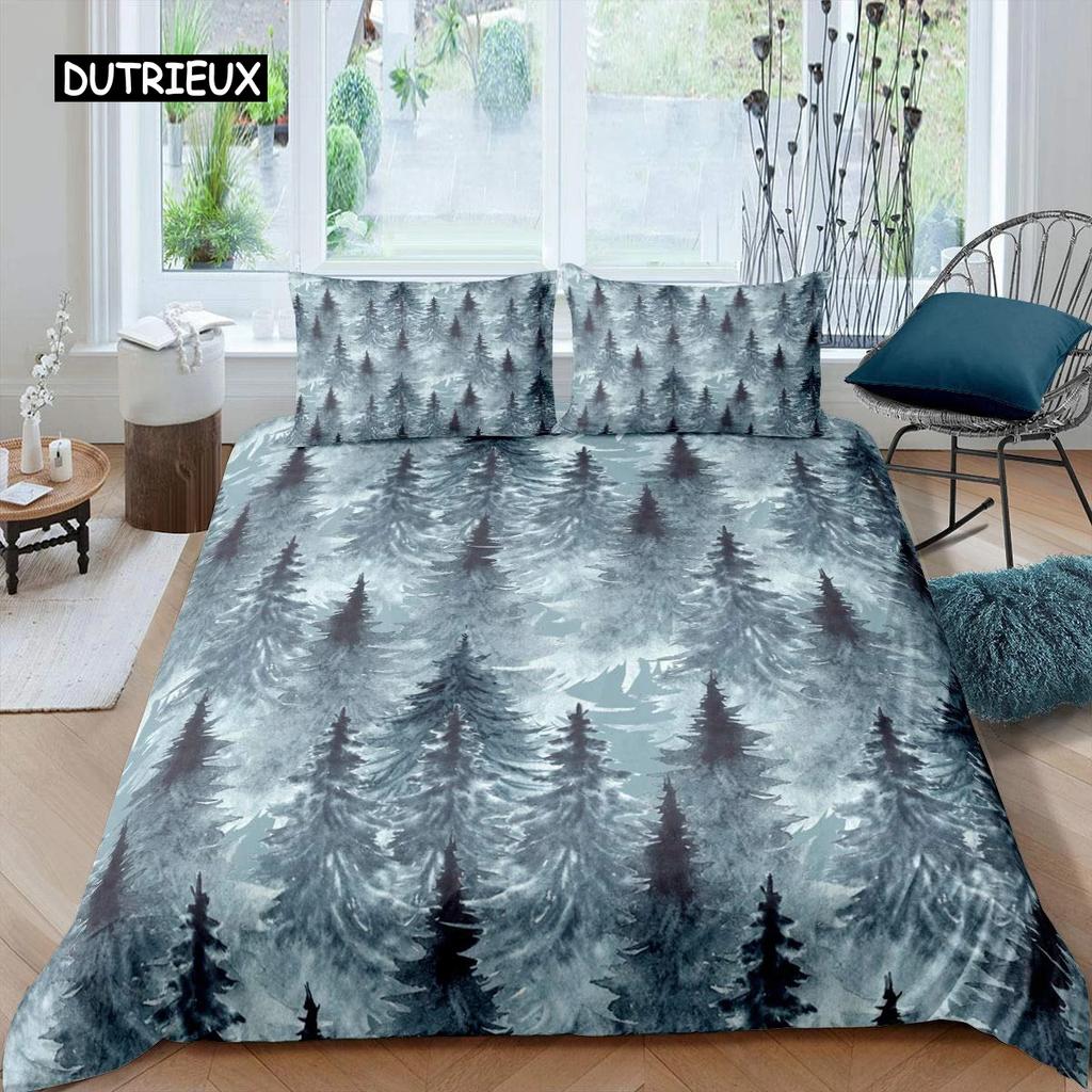 Комплект постельного белья Smoky Mountain с изображением сосен, пододеяльник для мальчиков, пододеяльник с изображением пейзажа, природный декор, комплект постельного белья из полиэстера
