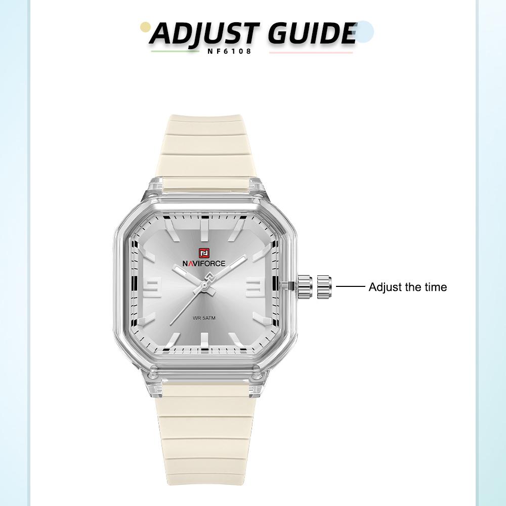Naviforce Оригинальные женские квадратные часы Кварцевые Светящиеся стрелки Простой легкий силиконовый ремешок Водонепроницаемые Женские Повседневные Модные часы NF6108