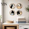 Rounded Corner Wood Art 4 Pcs Minimalist Black Cat Wall Art, Geometric Round Circle Wooden Non-toxic Coating Decor, Abstract Hanging Sign for