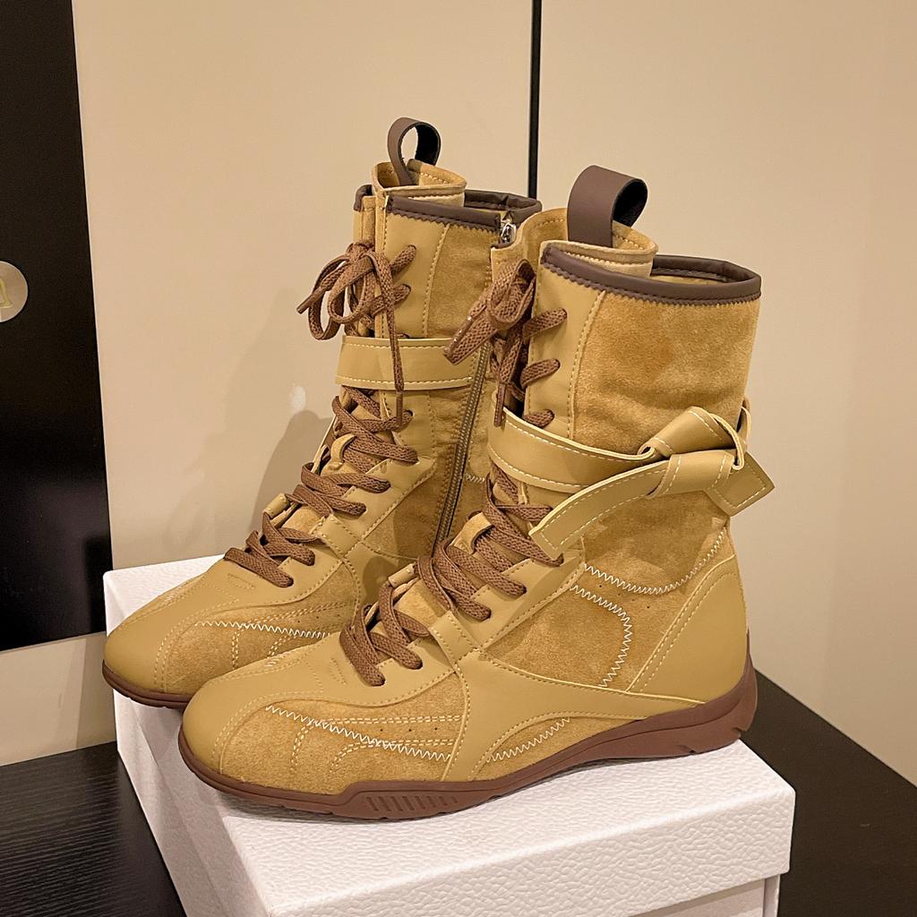 New boxing boots women's front lace-up fashionable and comfortable medium boots British style design sense niche Martin boots tide