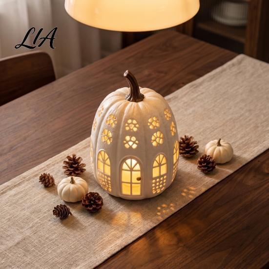 Thanksgiving Party Table Decor Lighted Pumpkin Cottage Ornament, Flickering Tabletop Lamp, Light-Up Harvest Centerpiece Farmhouse Fall for Indoor