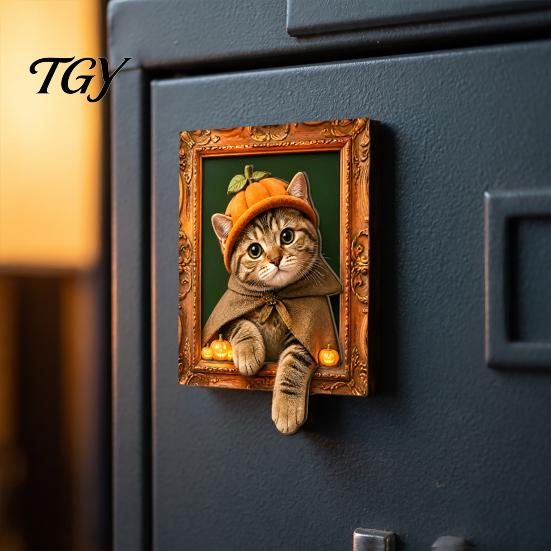 Office Cabinets Decorative Magnets Halloween Cat Frame Fridge Magnet, Retro Wooden Refrigerator Kitchen Decoration Accessories, Party Favors Magnet