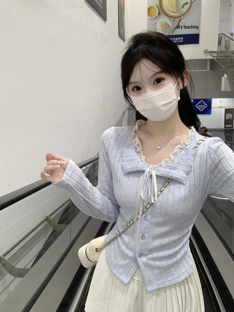 Snowflake Stripe Brushed Blue Lace Two-Piece Long Sleeve T-Shirt - Women's Autumn Short Style