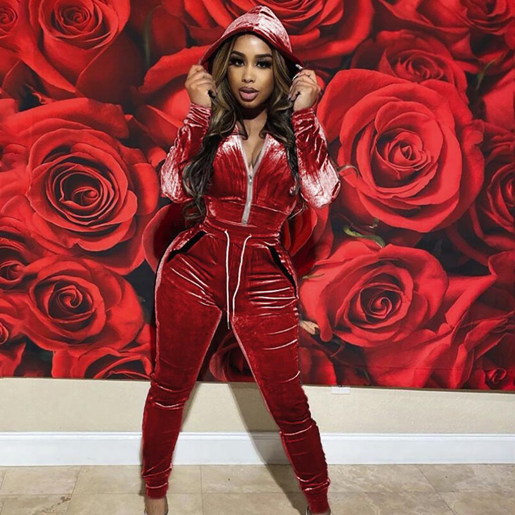 Женский модный спортивный велюровый костюм с капюшоном, длинными рукавами, облегающего кроя и на молнии