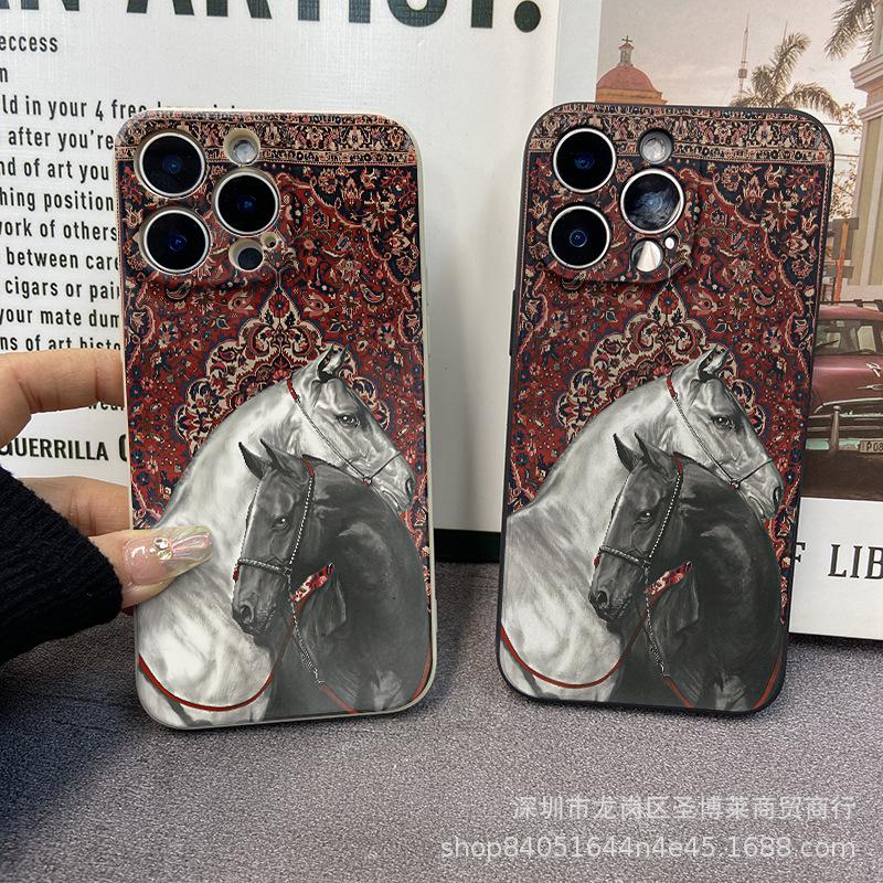 Ретро-узор лошадь подходит для чехла на мобильный телефон iPhone15 14PROMAX полноразмерный 13 противоударный 16/15 защитный чехол 17