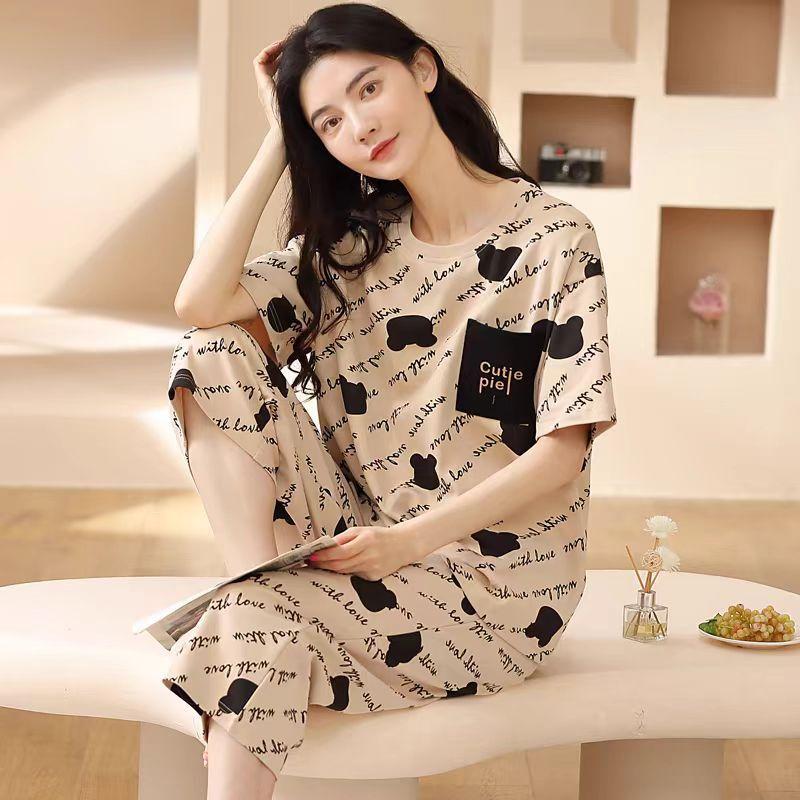 Lounge Sleepwear O-Neck Sleeping Breathable Girls Summer Cartoon Print T-shirt Crop Pants Set Daily Wear