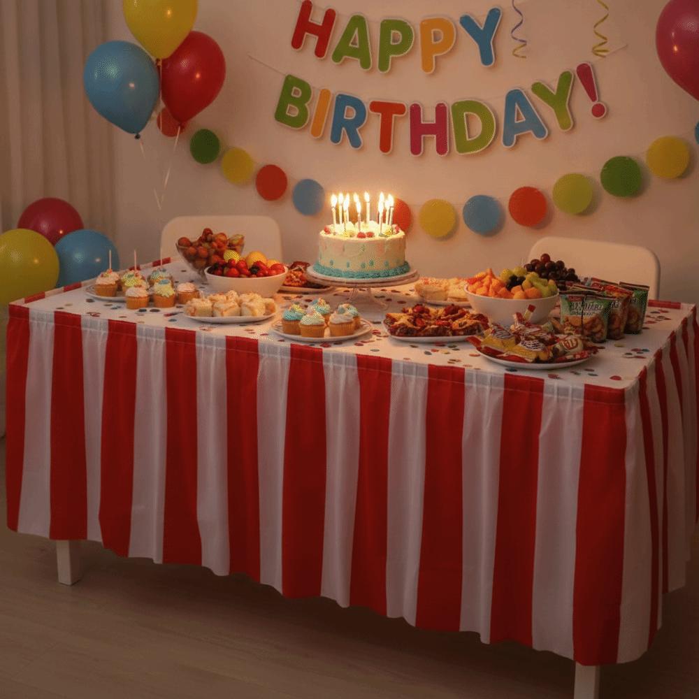 Oil-resistant Red and White Striped Table Skirt Set Elastic Party Tablecloth Circus Theme Party