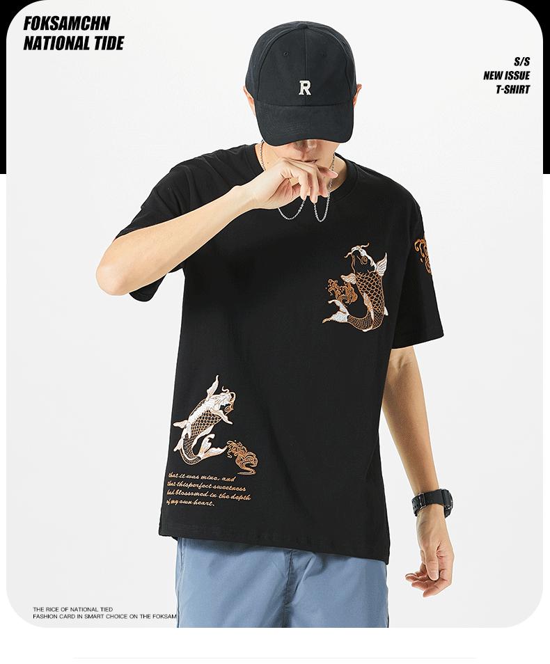 Мужская этническая хлопковая футболка с вышивкой карпов, короткий рукав, свободный крой, большой размер, стиль национальной волны