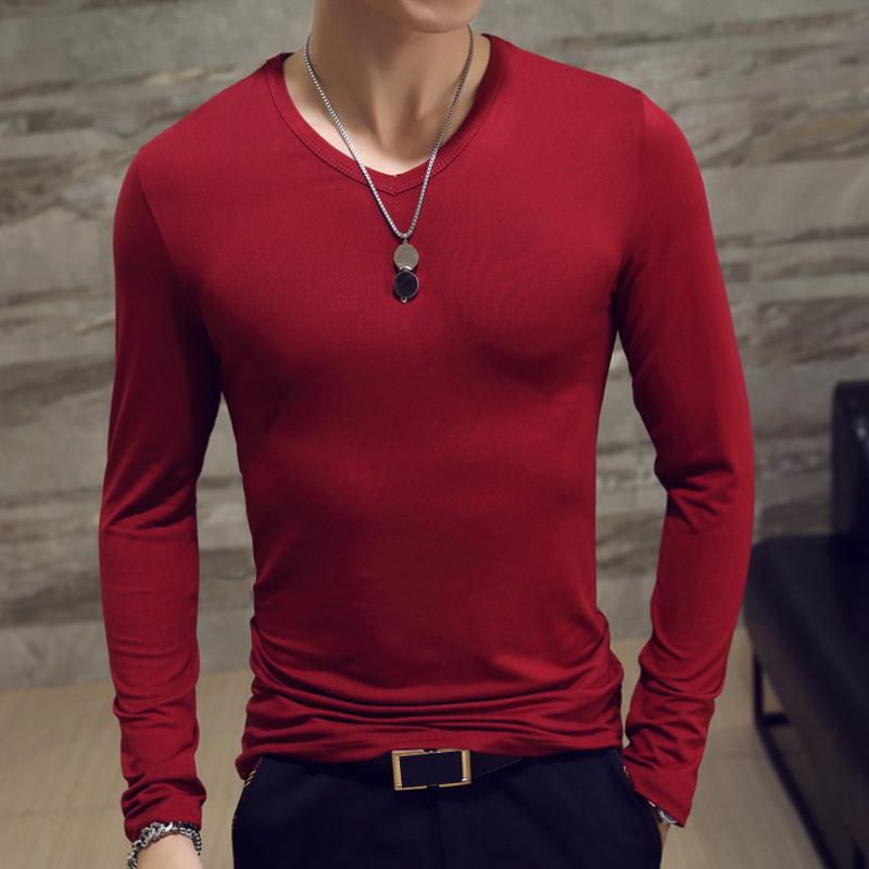 Vogue T-shirt Fashion Slim Fit New Men Tops Long Sleeve V-Neck Pullover Blouse Casual