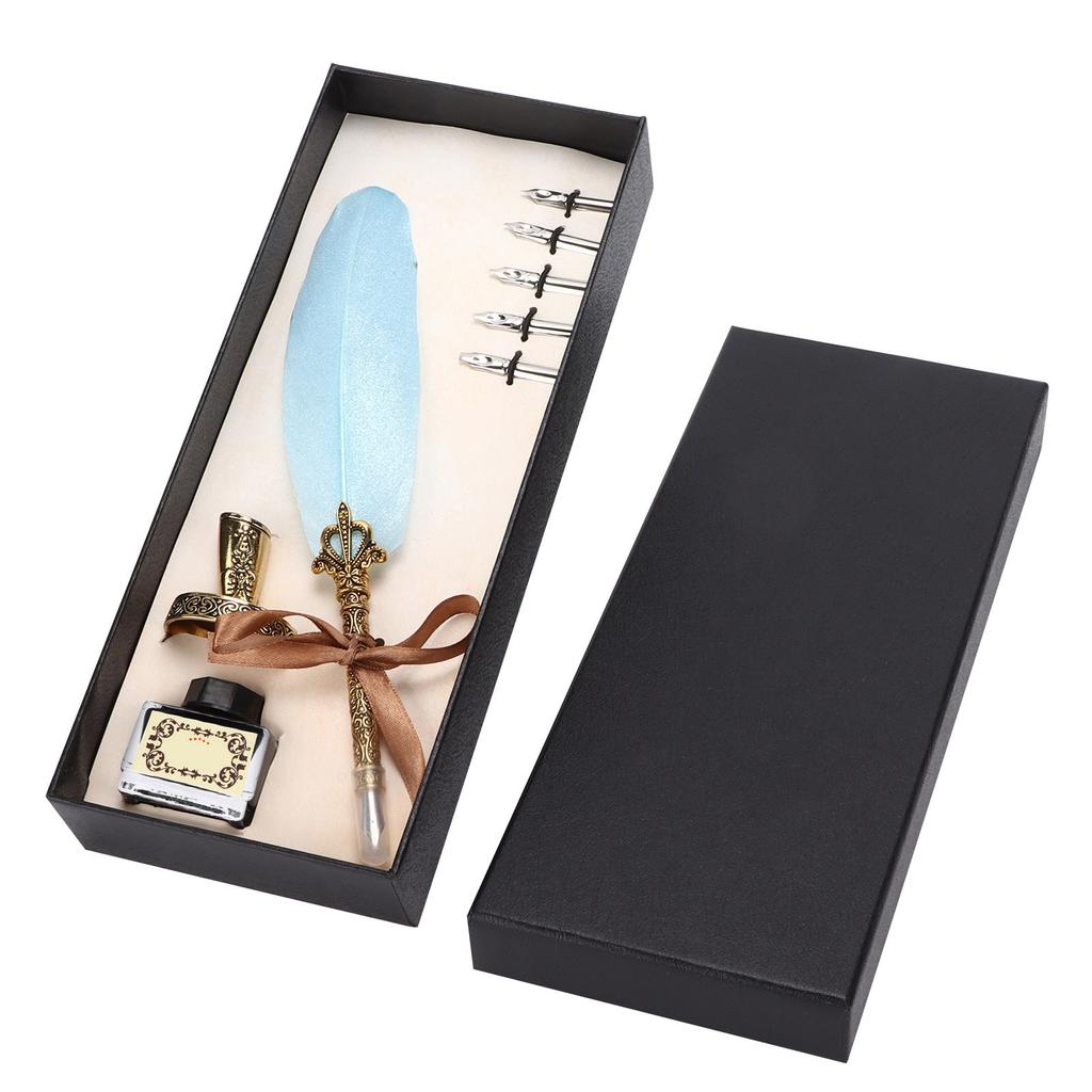 Feather Pen Set Vintage Ink Carved Metal Pen Writing Suit for Business Gift Table DecorationSky