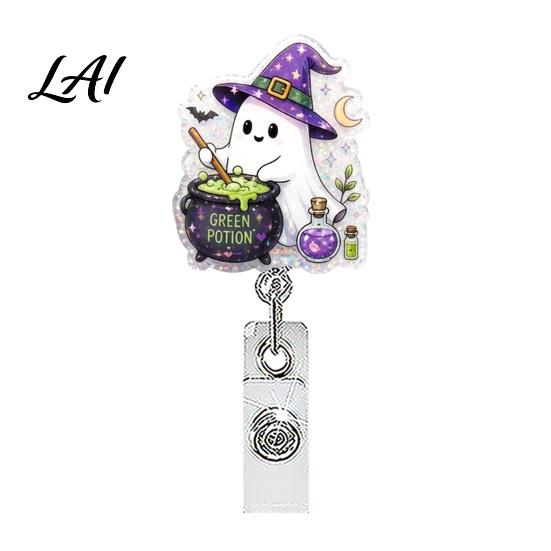 Halloween Office Decor Retractable Badge Reel Ghost Black Cat And Pumpkin Design Acrylic Id Reel 360 Degree Rotating ID Holder for Nurses Staff Card