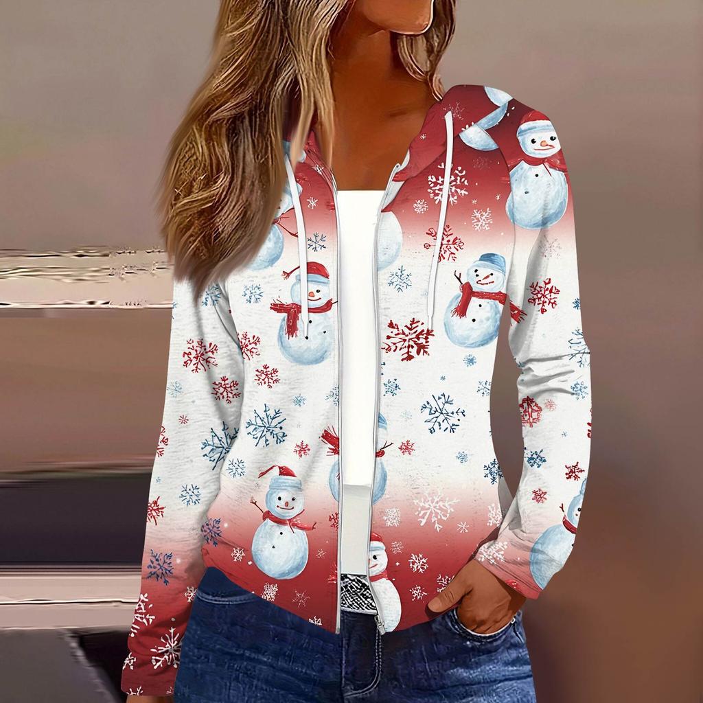 Women's Fashion Christmas Print Casual Zip-Up Long-Sleeved Hooded Jacket