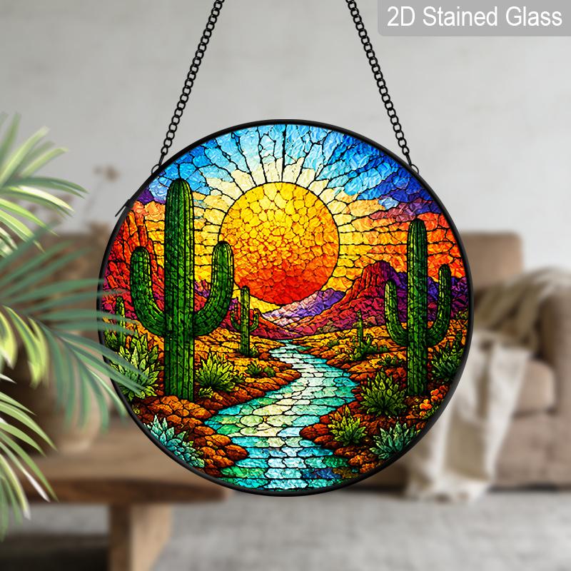 1pc 2D Flat Landscape Stained Glass Suncatcher, 6.3/7.87 Inch Desert Sunset Lake Glass Suncatcher, Southwestern Landscape Window Hanging, Warm Sunset