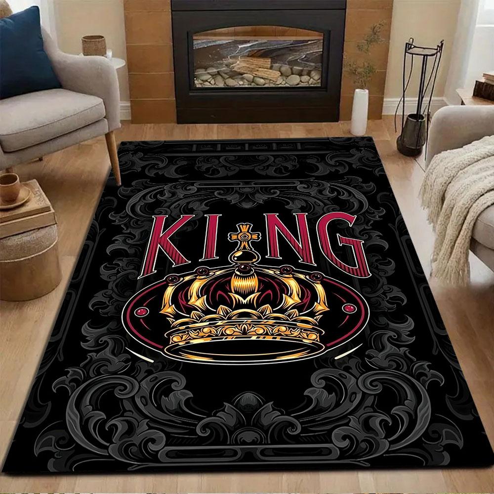 Regal Crown on Black Background Patterned carpet, non slip mat suitable for living room and bedroom sofas