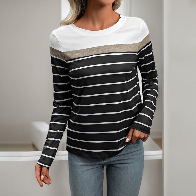 New Autumn Women's Patchwork Long Sleeved Striped T-shirt for Women