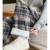 Осенне-зимние шерстяные клетчатые женские длинные брюки с эластичной талией, свободные прямые брюки для женщин