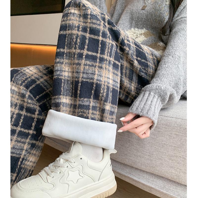 Осенне-зимние шерстяные клетчатые женские длинные брюки с эластичной талией, свободные прямые брюки для женщин