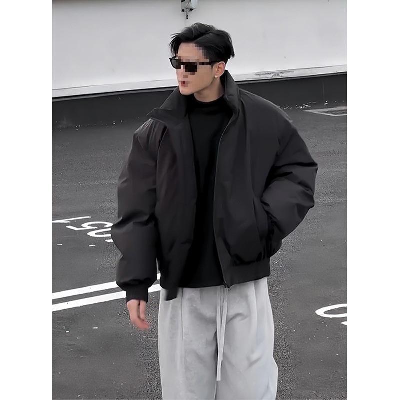 Men's American Rebellious Black Bomber Down Coat - Loose Fit Short Workwear Jacket