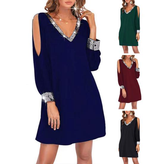 Женское платье с V-образным вырезом и открытыми плечами, блестящая сетка с пайетками в тон, длина выше колена, свободный пуловер, лоскутное женское мини-платье для поездок на работу