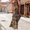 Women Vacation Dress Sleeveless V Neck Backless Floral Printing High Waist Drawstring Beach Dress Bohemian Style Maxi Dress