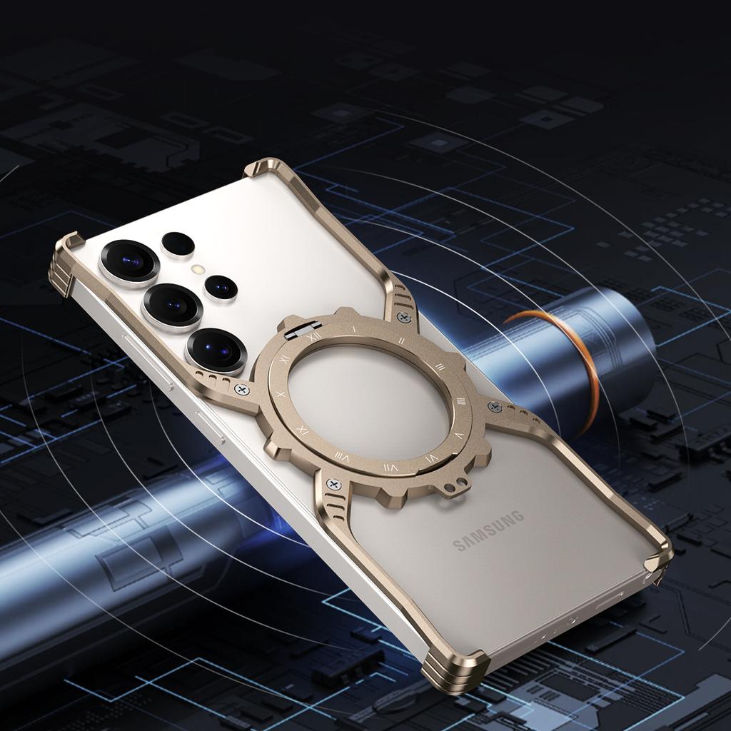 For Samsung Galaxy S23 Ultra Case Luminous Magnetic Kickstand Aluminum Alloy+PC Bumper Phone Cover Heat Dissipation