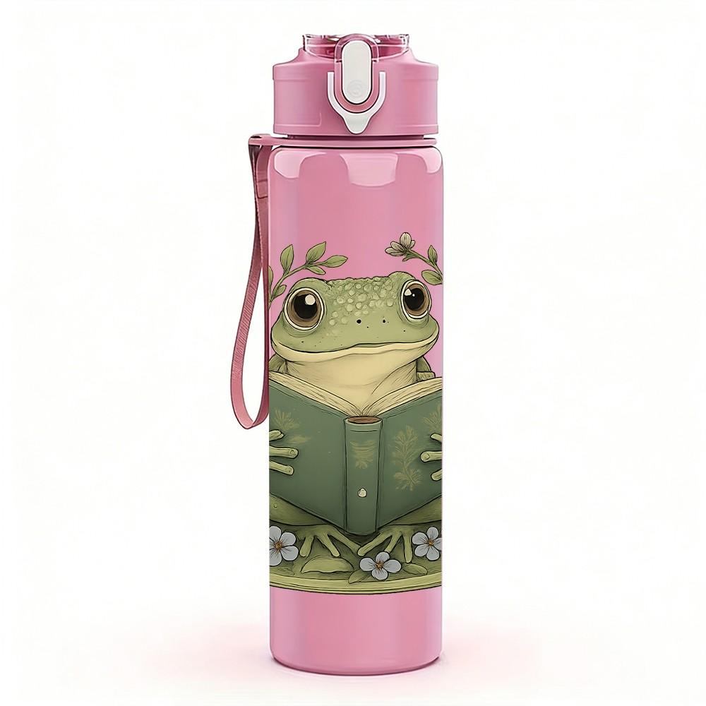 1PC Floral Green Frog 750ml Color Plastic Sports Water Bottle Leakproof Flip Straw Lid Suitable for Sports Office Home Use