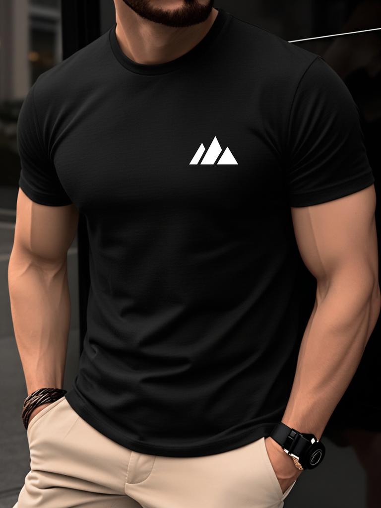 Unisexs Solid Color Oneck Short Sleeve Cotton Tshirt Mountain Print Slim Fit Casual Summer Tee