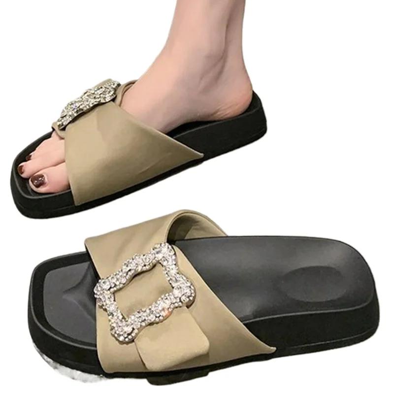 Модные женские тапочки с кристаллами и пряжкой, черные, хаки, бежевые, без застежек, модные шлепанцы, повседневные сандалии, удобные туфли со стразами