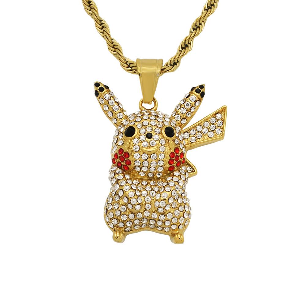 European and American Trends Hip Hop Cartoon Animation Pikachu Pendant Internet Celebrity Fashion, Studded with Diamond Zircon Necklace Pendant