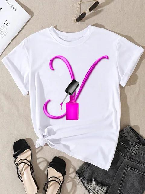 Summer Women's Short Sleeve T-shirt Dazzle Nail Polish Letter Print Large Size Shirt Fashion Girl Crewneck Tshirt Aesthetic Tee