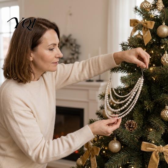Christmas Tree Beaded Garland Faux Pearl Garland, Multi-Strand Swag Hanging Banner, Chain Classy Indoor Decorative Garlands Mantel Decoration