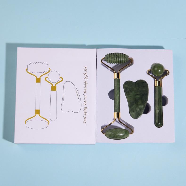 Нефритовый массажный набор: Роллер, Палочка Сюю, Рог для лица, Доска Гуа Ша