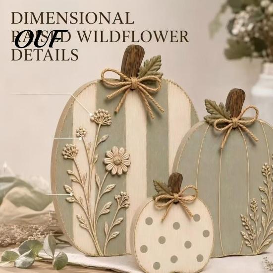 Wood Harvest Table Centerpieces 3Pcs Wildflower Pumpkin Figurines, Farmhouse Fall Tabletop Decor, Rustic Pumpkins with Autumn Decor Embossed