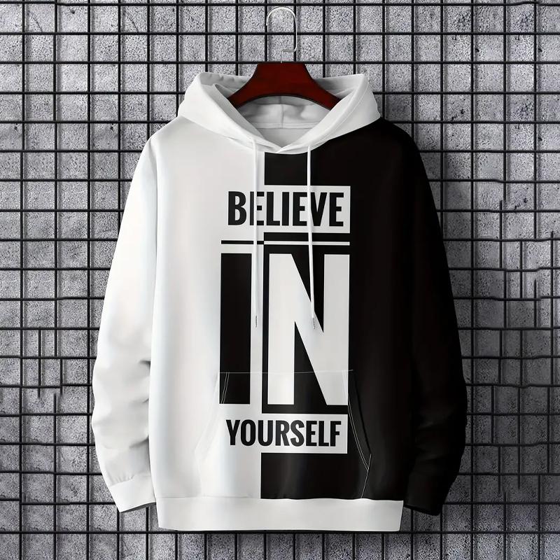 Believe & Stay Comfy Men's Hoodie with Geometric Print Kangaroo Pocket