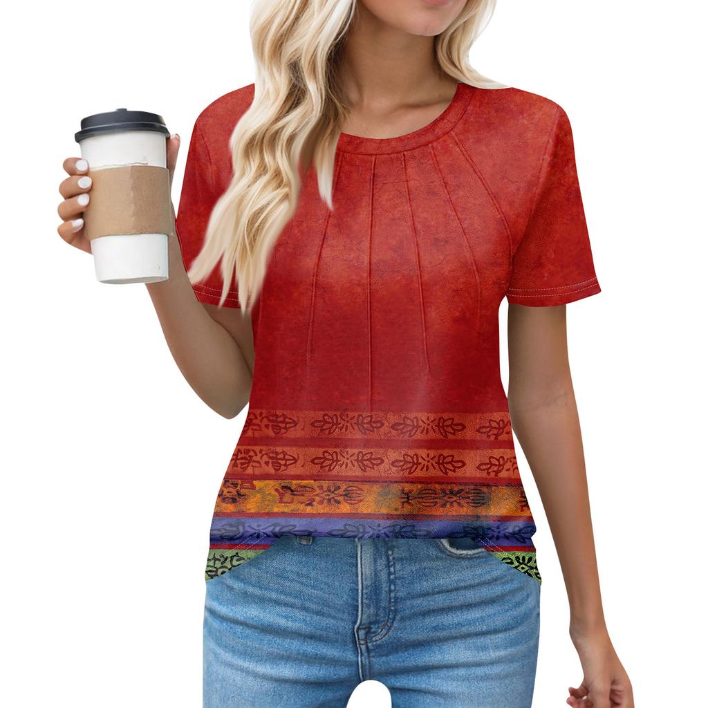T Shirts For Women Pleated Round Neck Dressy Casual Blouses Printing Short Sleeve Summer Tops Loose Fit
