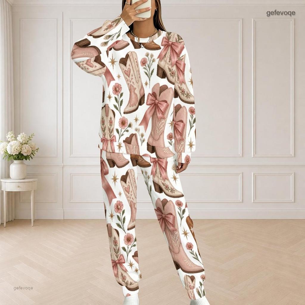 Women Plus Size Printed Round Neck Long Sleeve Top With Pockets And Long Pants Set