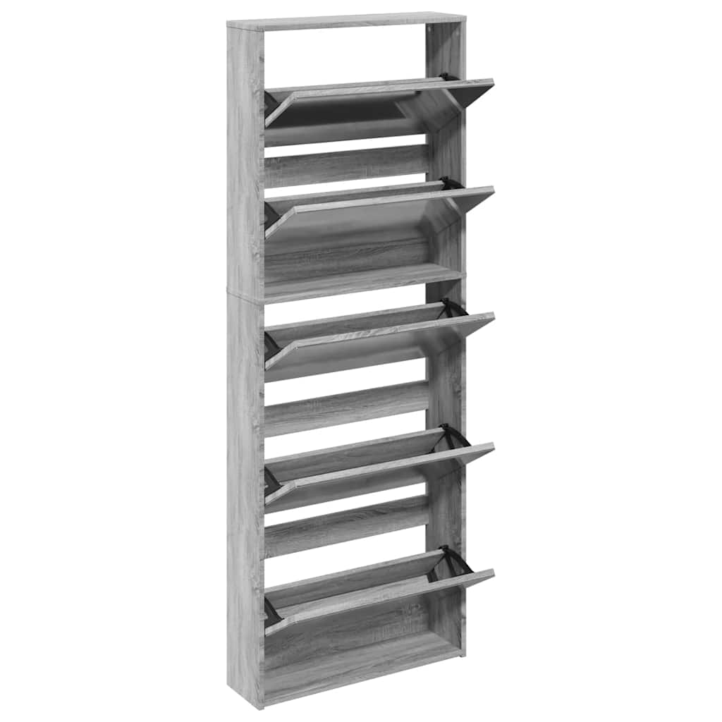 Shoe Cabinet with Mirror 5 Flip Down Compartments Grey Sonoma 63 x 17 x 169.5 cm
