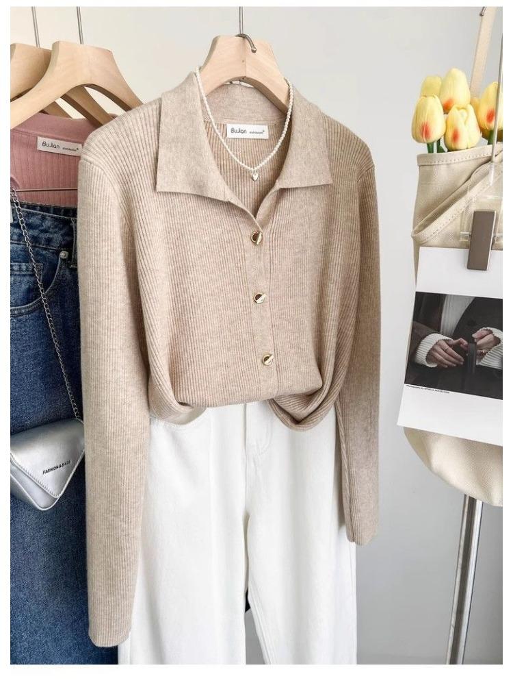 Французский элегантный лацкан вязаный свитер кардиган женский весна осень винтажная однотонная рубашка поло корейский шик под базовый слой одежды